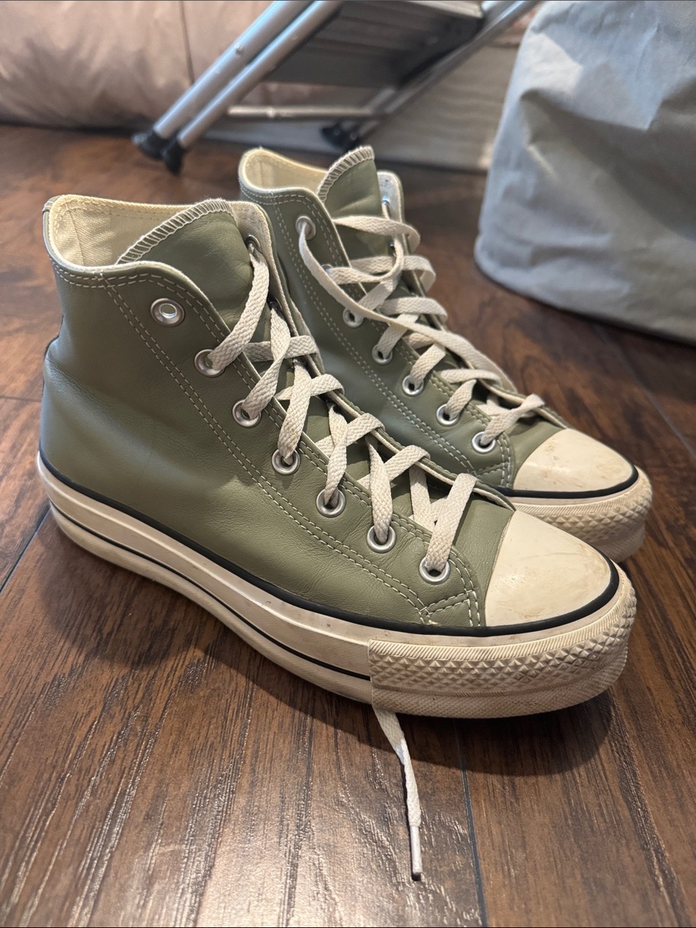 Converse High Top Platform Sneakers Olive Green with Cream Accents
